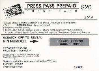 1996 Press Pass - Phone Cards $20 #8 Tim Biakabutuka Back