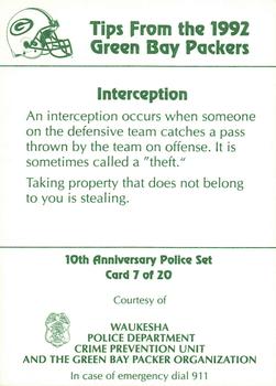 1992 Green Bay Packers Police - Waukesha Police Dept. Crime Prevention Unit #7 Vinnie Clark Back