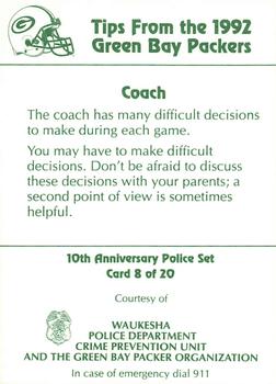 1992 Green Bay Packers Police - Waukesha Police Dept. Crime Prevention Unit #8 Mike Holmgren Back