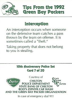 1992 Green Bay Packers Police - Chilton Police Dept., State Bank of Chilton #7 Vinnie Clark Back