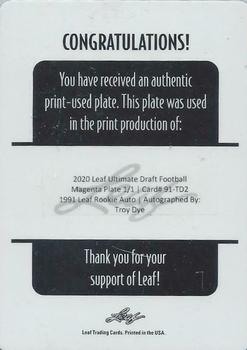 2020 Leaf Ultimate Draft - 1991 Leaf Rookie Autographs Printing Plates Magenta #91-TD2 Troy Dye Back
