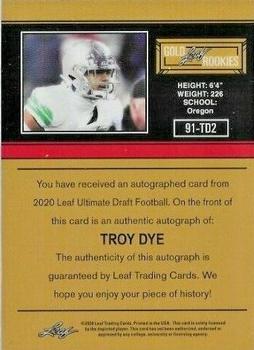 2020 Leaf Ultimate Draft - 1991 Leaf Rookie Autographs Red #91-TD2 Troy Dye Back