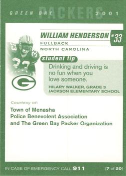 2001 Green Bay Packers Police - Town of Menasha Police Benevolent Association #7 William Henderson Back