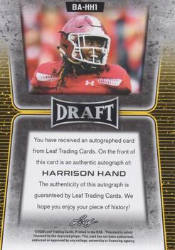 2020 Leaf Draft - Autographs Gold #BA-HH1 Harrison Hand Back