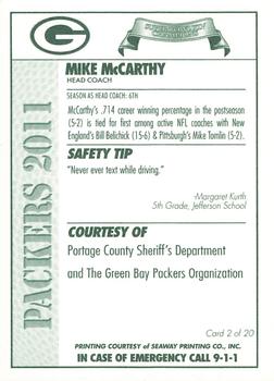2011 Green Bay Packers Police - Portage County Sheriff's Department #2 Mike McCarthy Back