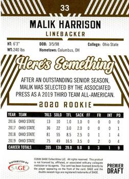 2020 SAGE HIT - Gold #33 Malik Harrison Back