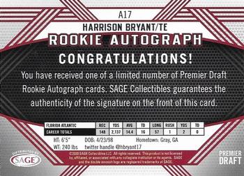 2020 SAGE HIT - Rookie Autographs Black #A17 Harrison Bryant Back