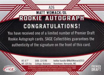 2020 SAGE HIT - Rookie Autographs Black #A26 Matt Womack Back