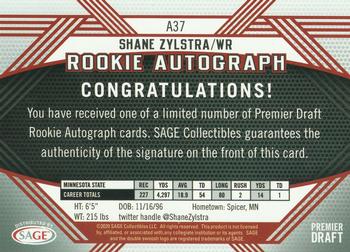 2020 SAGE HIT - Rookie Autographs Black #A37 Shane Zylstra Back