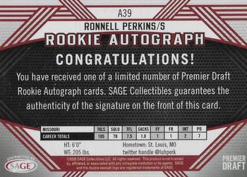 2020 SAGE HIT - Rookie Autographs Black #A39 Ronnell Perkins Back