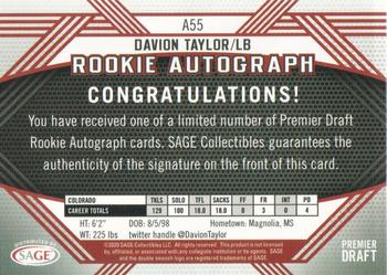 2020 SAGE HIT - Rookie Autographs Black #A55 Davion Taylor Back