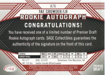 2020 SAGE HIT - Rookie Autographs Black #A76 Tae Crowder Back