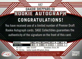 2020 SAGE HIT - Rookie Autographs Black #A82 Qaadir Sheppard Back