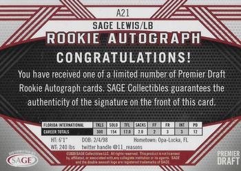 2020 SAGE HIT - Rookie Autographs Red #A21 Sage Lewis Back