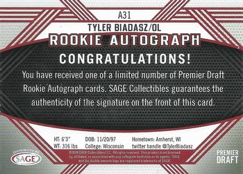 2020 SAGE HIT - Rookie Autographs Red #A31 Tyler Biadasz Back