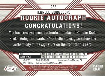 2020 SAGE HIT - Rookie Autographs Red #A32 Terrell Burgess Back