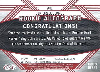 2020 SAGE HIT - Rookie Autographs Red #A41 Ben Bredeson Back