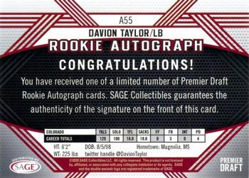 2020 SAGE HIT - Rookie Autographs Red #A55 Davion Taylor Back