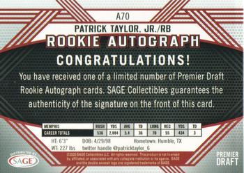2020 SAGE HIT - Rookie Autographs Red #A70 Patrick Taylor Jr Back
