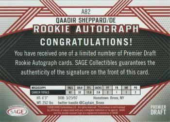 2020 SAGE HIT - Rookie Autographs Red #A82 Qaadir Sheppard Back