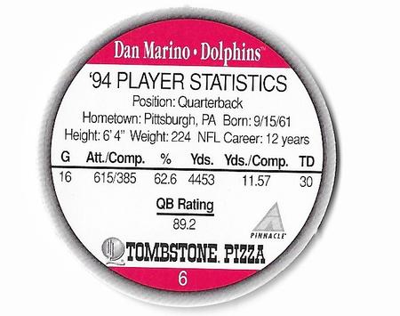 1995 Tombstone Pizza Quarterback Club Pogs #6 Dan Marino Back