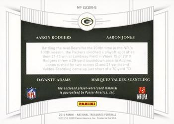 2019 Panini National Treasures - NFL Gear Quad Materials Laundry Tag NFL Shield #GQM-5 Aaron Jones / Aaron Rodgers / Davante Adams / Marquez Valdes-Scantling Back