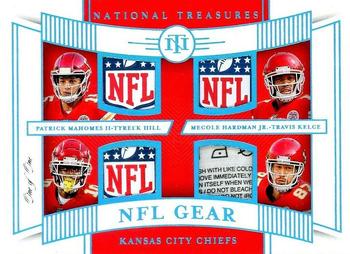 2019 Panini National Treasures - NFL Gear Quad Materials Laundry Tag NFL Shield #GQM-9 Mecole Hardman Jr. / Patrick Mahomes II / Travis Kelce / Tyreek Hill Front