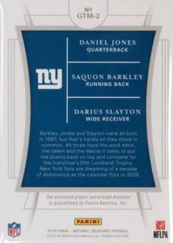 2019 Panini National Treasures - NFL Gear Trio Materials Laundry Tag NFL Player's #GTM-2 Daniel Jones / Darius Slayton / Saquon Barkley Back