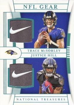 2019 Panini National Treasures - Rookie NFL Gear Combo Materials Laundry Tag Brand Logo #GCM-36 Justice Hill / Trace McSorley Front