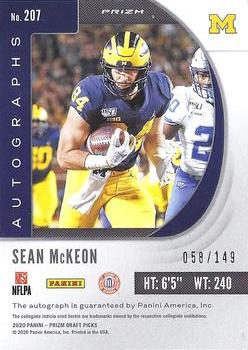 2020 Panini Prizm Draft Picks - Draft Picks Prizms Neon Orange Autographs #207 Sean McKeon Back