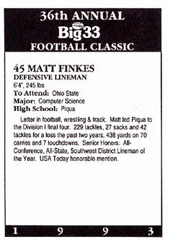 1993 Big 33 Ohio High School #NNO Matt Finkes Back