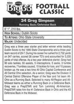 1997 Big 33 Ohio High School #NNO Greg Simpson Back