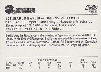 1992 Sid's Saskatchewan Roughriders #NNO Jearld Baylis Back