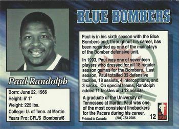 1994 Double D Winnipeg Blue Bombers #12 Paul Randolph Back