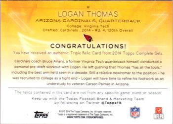 2014 Topps - Relics Triple #9 Logan Thomas Back