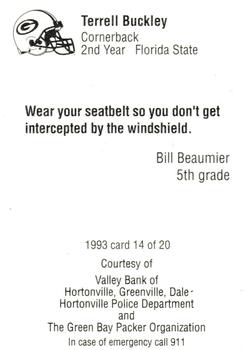 1993 Green Bay Packers Police - Valley Bank of Hortonville #14 Terrell Buckley Back