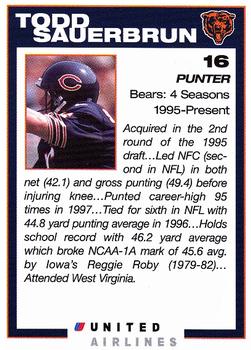 1999 United Airlines Chicago Bears #NNO Todd Sauerbrun Back