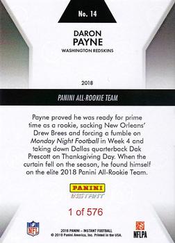 2018 Panini Instant NFL - All-Rookie Team #14 Daron Payne Back