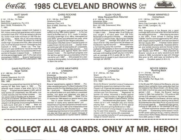 1985 Coke/Mr. Hero Cleveland Browns - Uncut Sheets #1 Frank Minnifield / Glen Young / Chris Rockins / Matt Bahr / Boyce Green / Scott Nicolas / Curtis Weathers / Dave Puzzuoli Back