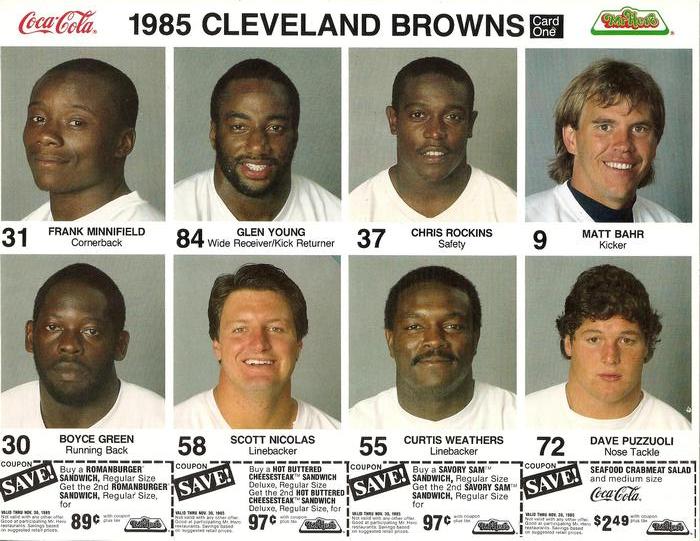 1985 Coke/Mr. Hero Cleveland Browns - Uncut Sheets #1 Frank Minnifield / Glen Young / Chris Rockins / Matt Bahr / Boyce Green / Scott Nicolas / Curtis Weathers / Dave Puzzuoli Front