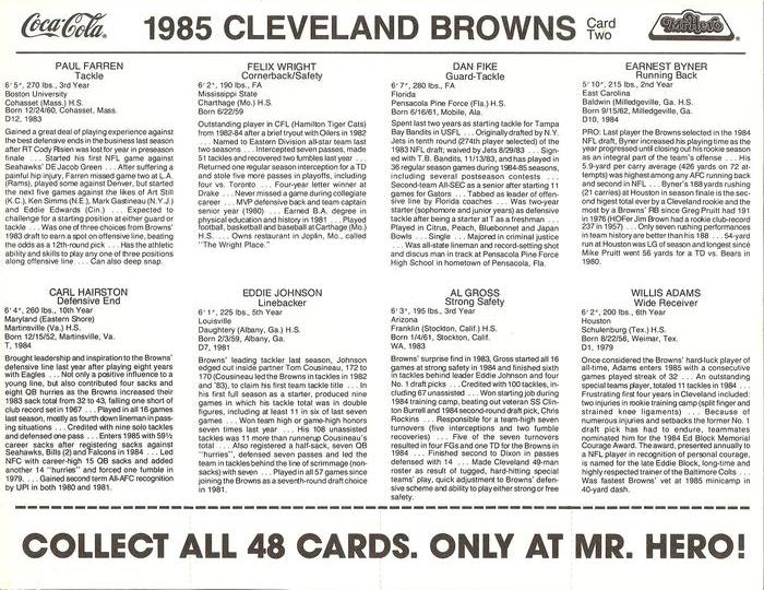 1985 Coke/Mr. Hero Cleveland Browns - Uncut Sheets #2 Earnest Byner / Dan Fike / Felix Wright / Paul Farren / Willis Adams / Al Gross / Eddie Johnson / Carl Hairston Back