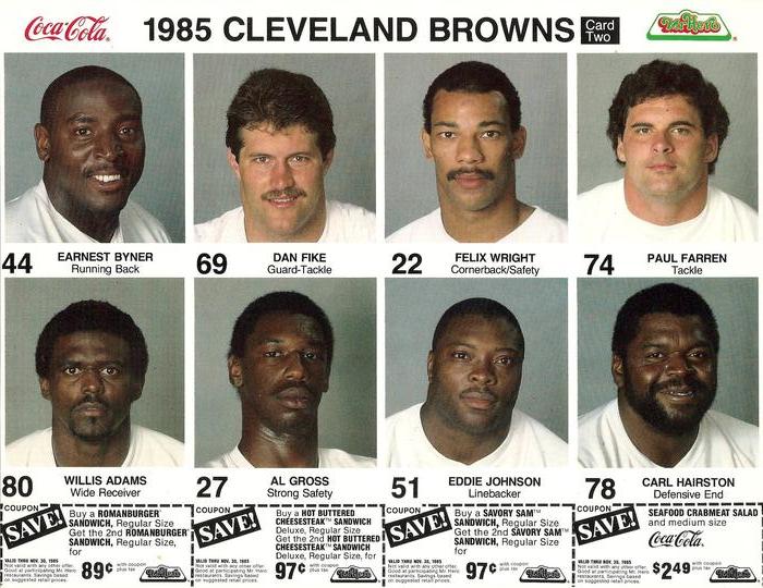 1985 Coke/Mr. Hero Cleveland Browns - Uncut Sheets #2 Earnest Byner / Dan Fike / Felix Wright / Paul Farren / Willis Adams / Al Gross / Eddie Johnson / Carl Hairston Front
