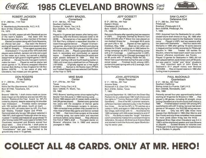 1985 Coke/Mr. Hero Cleveland Browns - Uncut Sheets #4 Sam Clancy / Jeff Gossett / Larry Braziel / Robert Jackson / Paul McDonald / John Jefferson / Mike Baab / Don Rogers Back