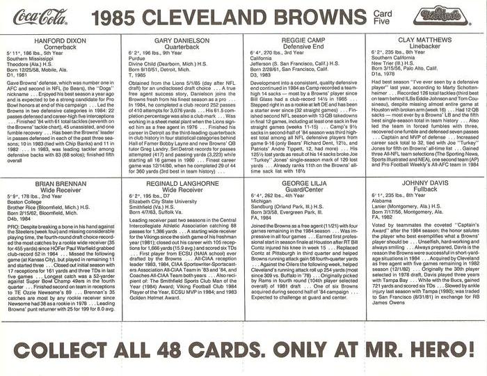 1985 Coke/Mr. Hero Cleveland Browns - Uncut Sheets #5 Clay Matthews / Reggie Camp / Gary Danielson / Hanford Dixon / Johnny Davis / George Lilja / Reginald Langhorne / Brian Brennan Back