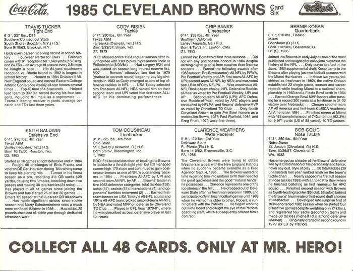 1985 Coke/Mr. Hero Cleveland Browns - Uncut Sheets #6 Bernie Kosar / Chip Banks / Cody Risien / Travis Tucker / Bob Golic / Clarence Weathers / Tom Cousineau / Keith Baldwin Back