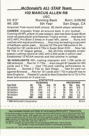1986 McDonald's All-Star Team - Full Game Pieces: Week 4 Green Tab #NNO Marcus Allen Back