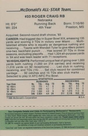 1986 McDonald's All-Star Team - Full Game Pieces: Week 4 Green Tab #NNO Roger Craig Back