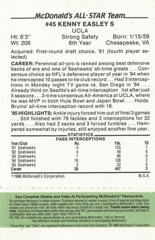 1986 McDonald's All-Star Team - Full Game Pieces: Week 4 Green Tab #NNO Kenny Easley Back