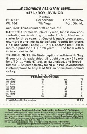 1986 McDonald's All-Star Team - Full Game Pieces: Week 4 Green Tab #NNO LeRoy Irvin Back