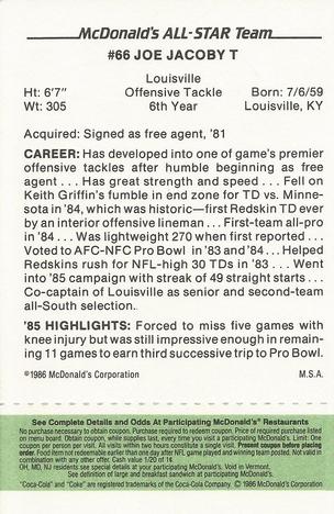 1986 McDonald's All-Star Team - Full Game Pieces: Week 4 Green Tab #NNO Joe Jacoby Back